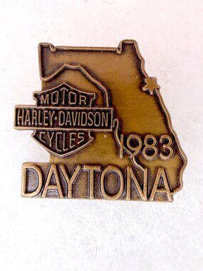 1983 Harley-Davidson Daytona Bike Week Florida Map Brass Lapel Hat Pin Vintage